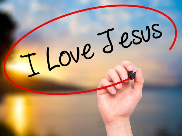 Férfi kézi írás én szeretet Jézus marker fekete vizuális képernyőn — Stock Fotó