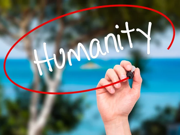 Man Hand writing Humanity  with black marker on visual screen — Stock Photo, Image