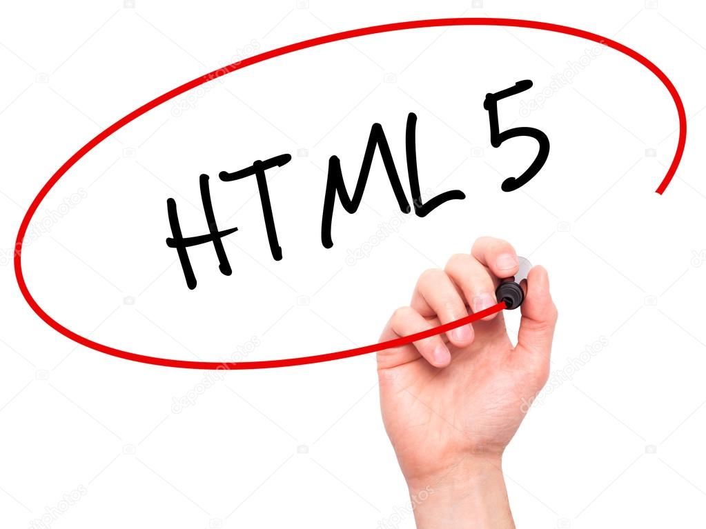 Man Hand writing HTML 5 with black marker on visual screen