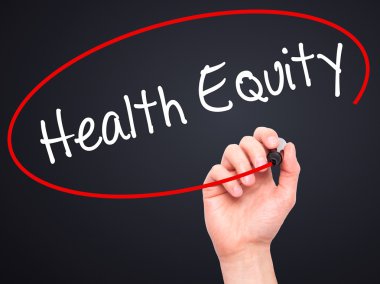 Adam el sağlık Equityt ile siyah kalemi görsel scre yazma.