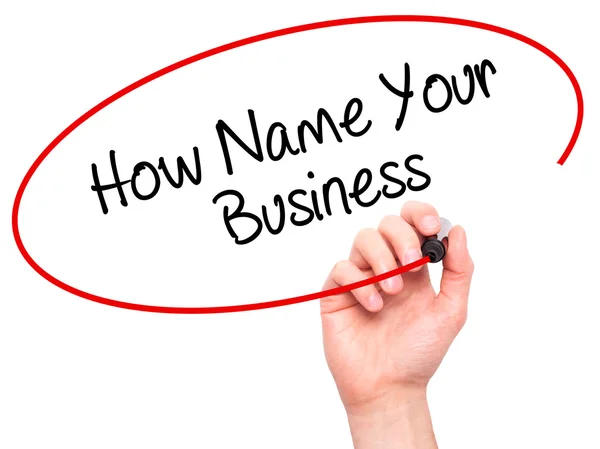 Man Hand writing How Name Your Business with black marker on vis — Stock Photo, Image