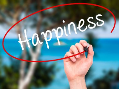 Adam el mutluluk ile siyah kalemi görsel ekranda yazma.