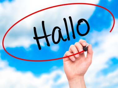 Adam el Hallo (Merhaba Almanca) ile siyah kalemi v üzerinde yazma.