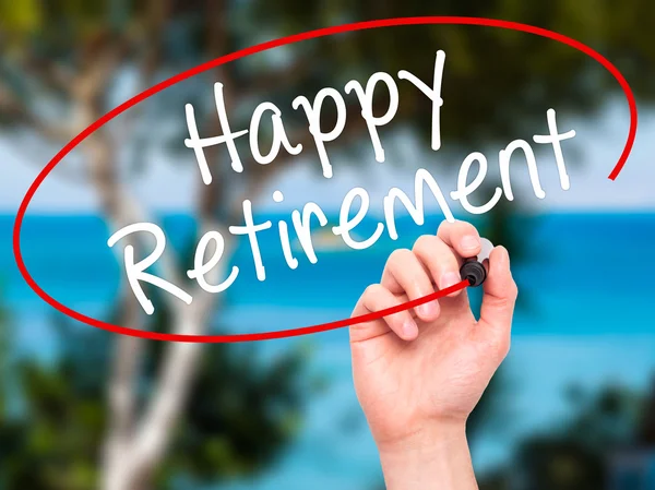 Чоловік Рука написав Щасливий вихід на пенсію з чорним маркером на візуальному s — стокове фото