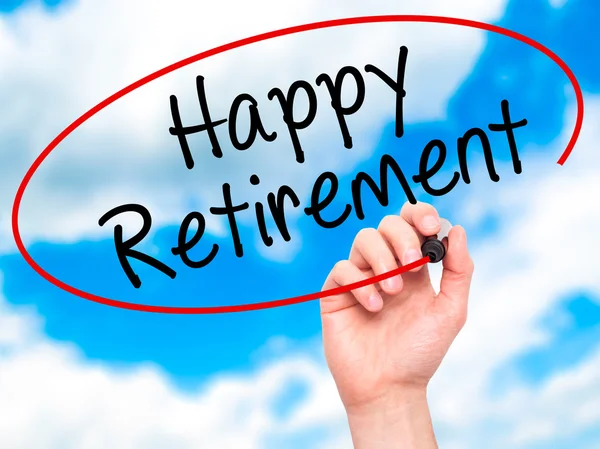 Man Hand writing Happy Retirement  with black marker on visual s — Stock Photo, Image