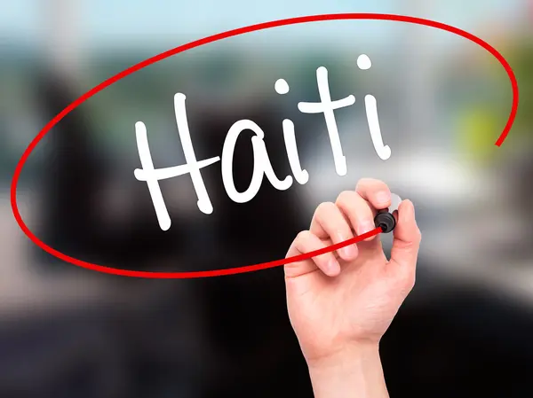 Az ember kezét Haiti írásban vizuális képernyő marker fekete — Stock Fotó