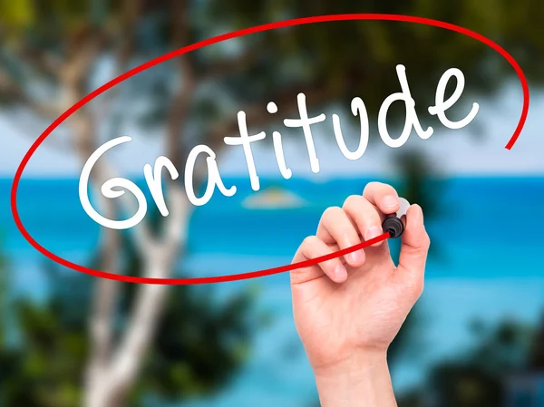 Man Hand writing Gratitude with black marker on visual screen — Stock Photo, Image