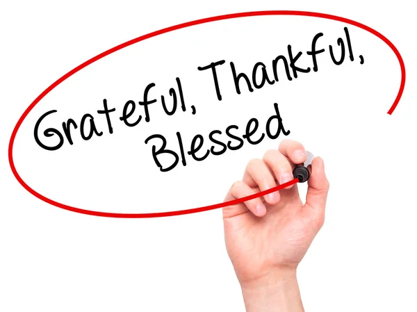 Man Hand writing  Grateful Thankful Blessed with black marker on — Stock Photo, Image