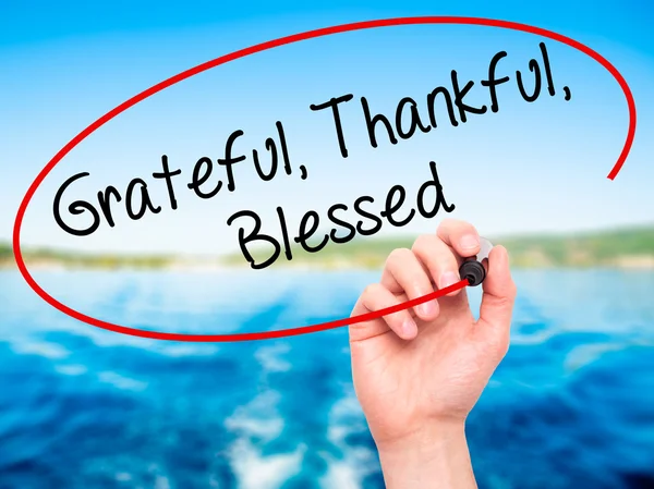Man Hand writing  Grateful Thankful Blessed with black marker on — Stock Photo, Image