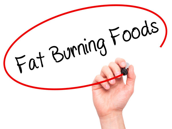 Man Hand writing Fat Burning Foods with black marker on visual s