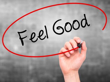Adam el Feel Good siyah kalemi ile görsel ekranda yazma