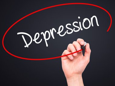 Adam el depresyon ile siyah kalemi görsel ekranda yazma.