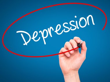 Adam el depresyon ile siyah kalemi görsel ekranda yazma.