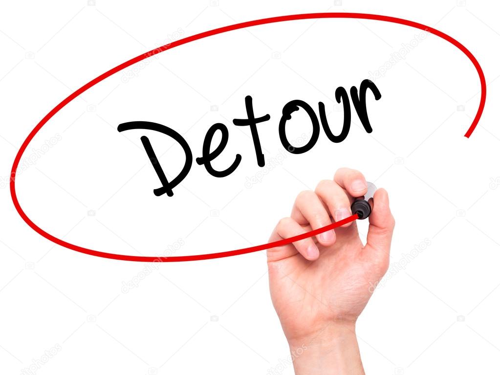 Man Hand writing Detour  with black marker on visual screen