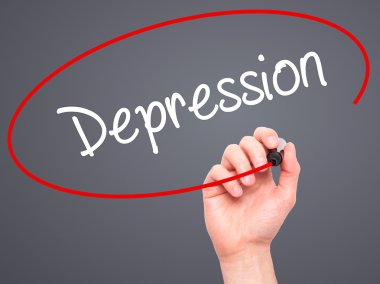 Adam el depresyon ile siyah kalemi görsel ekranda yazma.