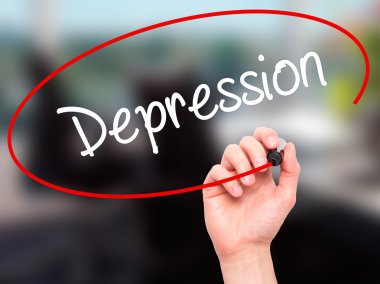 Adam el depresyon ile siyah kalemi görsel ekranda yazma.