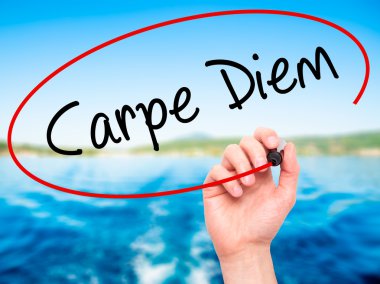 Adam el Carpe Diem siyah kalemi ile görsel ekranda yazma.
