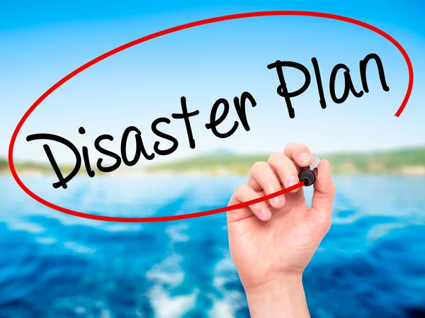 Man Hand writing Disaster Plan with black marker on visual scree — Stock Photo, Image