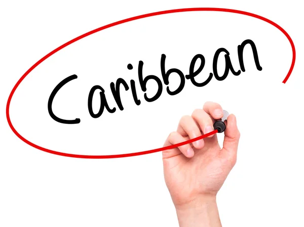 Man Hand writing Caribbean with black marker on visual screen — Stock Photo, Image