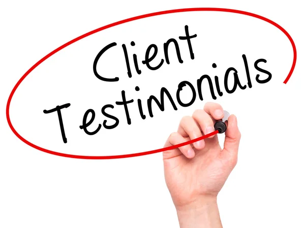 Man Hand writing Client Testimonials with black marker on visual — Stock Photo, Image