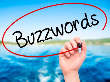Adam el buzzwords siyah kalemi ile görsel ekranda yazma.