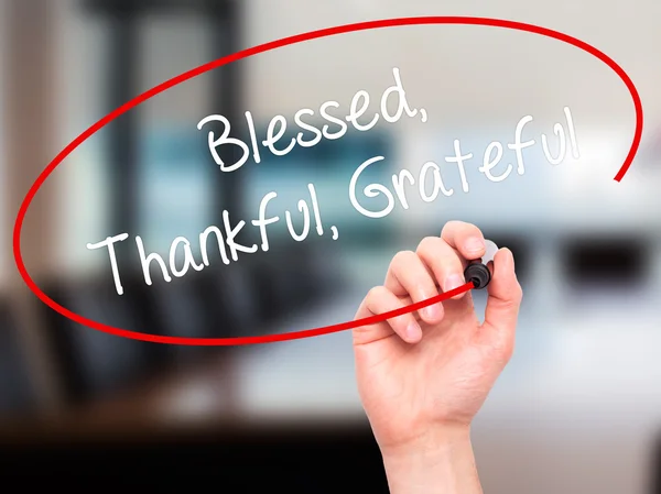 Man Hand writing  Blessed Thankful Grateful with black marker on — Stock Photo, Image