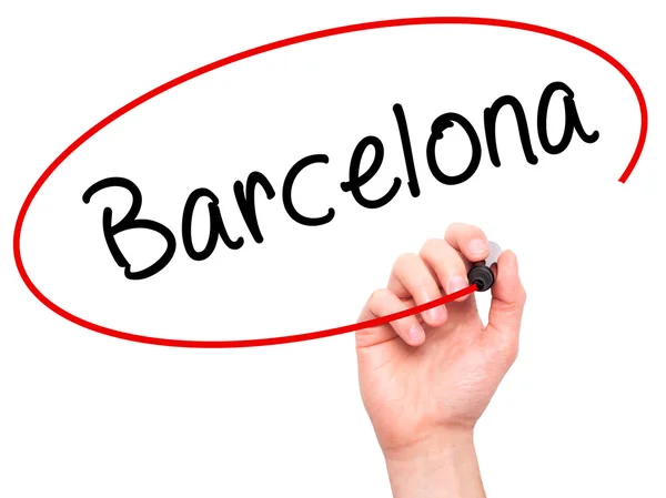 Mann Handschrift barcelona mit schwarzem Marker auf visuellem Bildschirm — Stockfoto