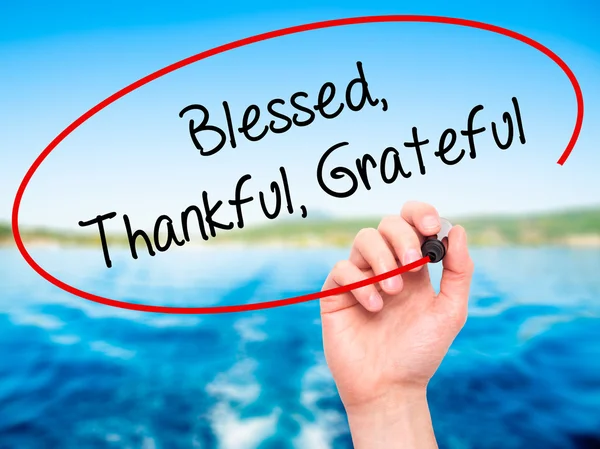 Man Hand writing  Blessed Thankful Grateful with black marker on — Stock Photo, Image