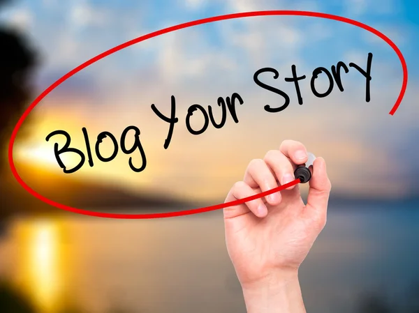 Man Hand writing Blog Your Story  with black marker on visual sc — Stock Photo, Image