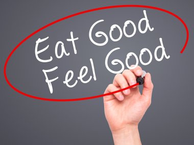 Adam el yemek iyi Feel Good siyah kalemi ile görsel üzerinde yazılı 