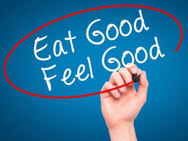 Adam el yemek iyi Feel Good siyah kalemi ile görsel üzerinde yazılı 