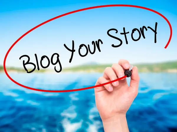 Man Hand writing Blog Your Story  with black marker on visual sc — Stock Photo, Image