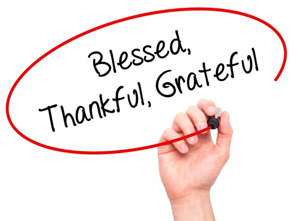 Man Hand writing  Blessed Thankful Grateful with black marker on — Stock Photo, Image