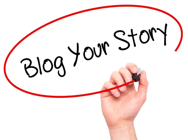Man Hand writing Blog Your Story  with black marker on visual sc — Stock Photo, Image