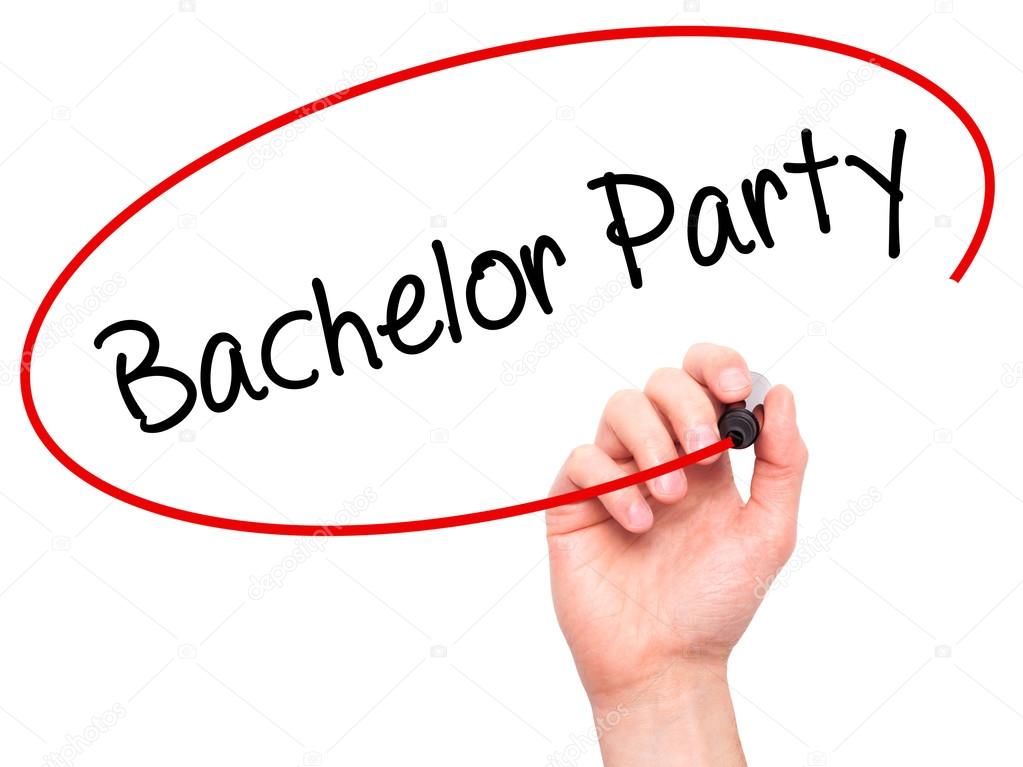 Man Hand writing Bachelor Party with black marker on visual scre