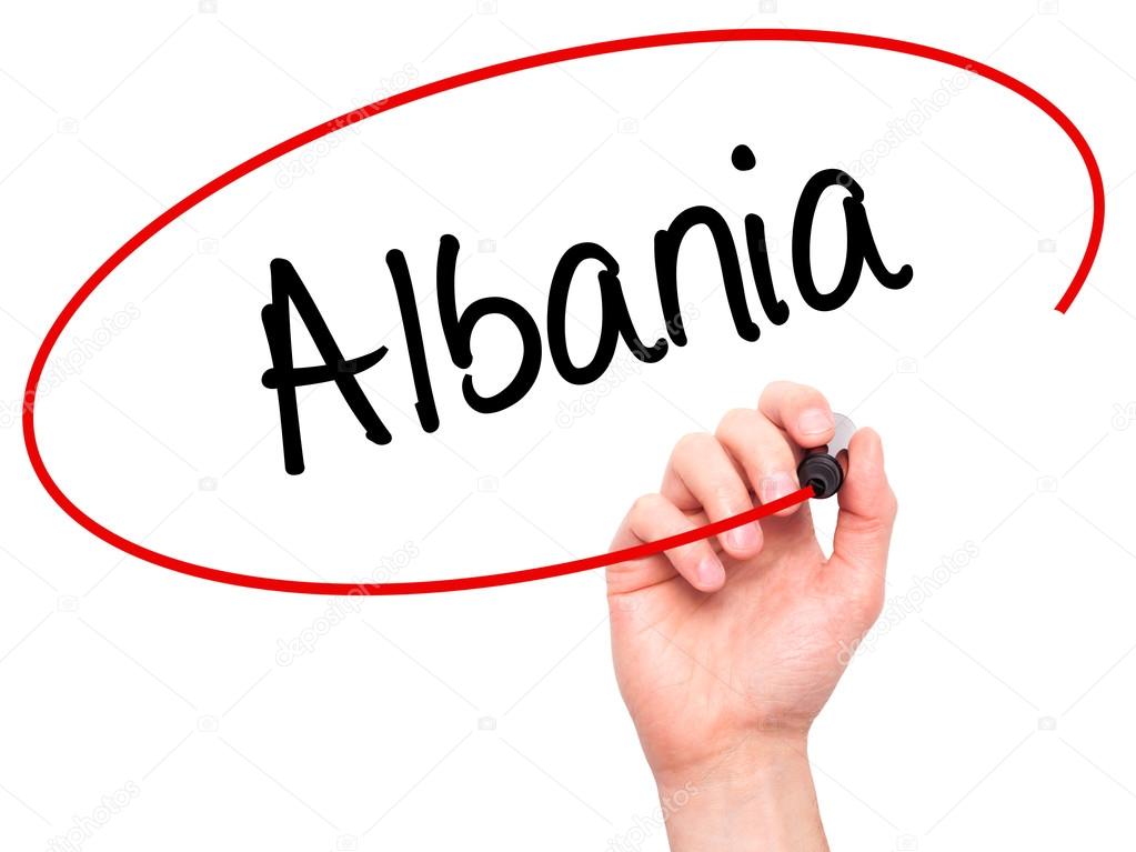 Man Hand writing Albania  with black marker on visual screen
