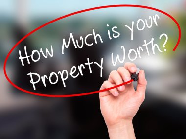 Man Hand writing How Much is your Property Worth? with black mar clipart