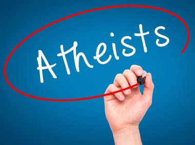 Man Hand writing Atheists with black marker on visual screen clipart