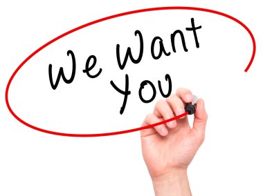 Man Hand writing We Want You with black marker on visual screen