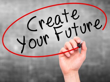 Adam el Your geleceği oluşturmak ile siyah kalemi görsel üzerinde yazılı. 