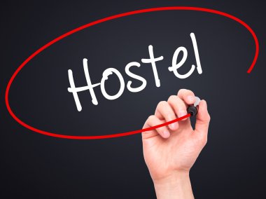 Adam el Hostel siyah kalemi ile görsel ekranda yazma.