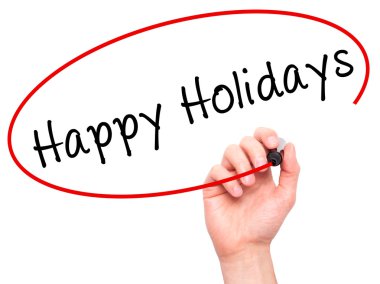 El yazma Happy Holidays görsel scre üzerinde siyah kalemi ile adam