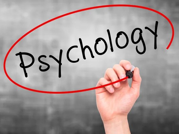 Man Hand writing Psychology with black marker on visual screen — Stock Photo, Image