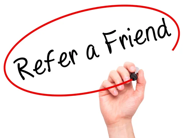 Man Hand writing Refer a Friend  with black marker on visual scr — Stock Photo, Image