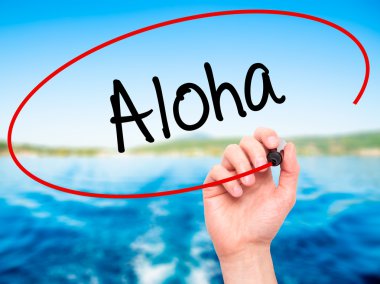 Adam el Aloha siyah kalemi ile görsel ekranda yazma.