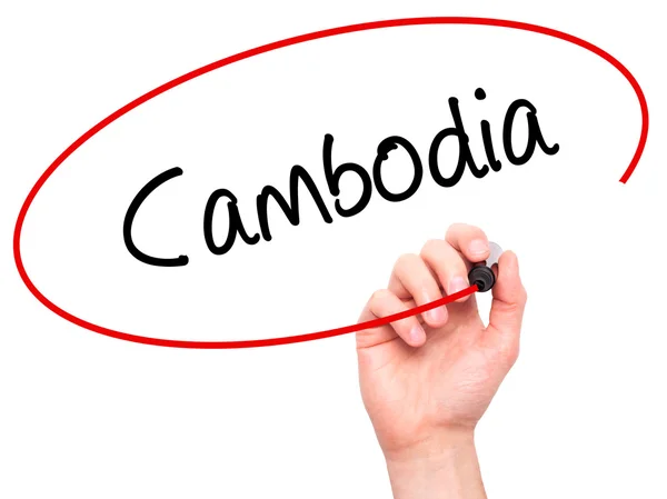 Uomo Scrittura a mano Cambogia con pennarello nero sullo schermo visivo — Foto Stock