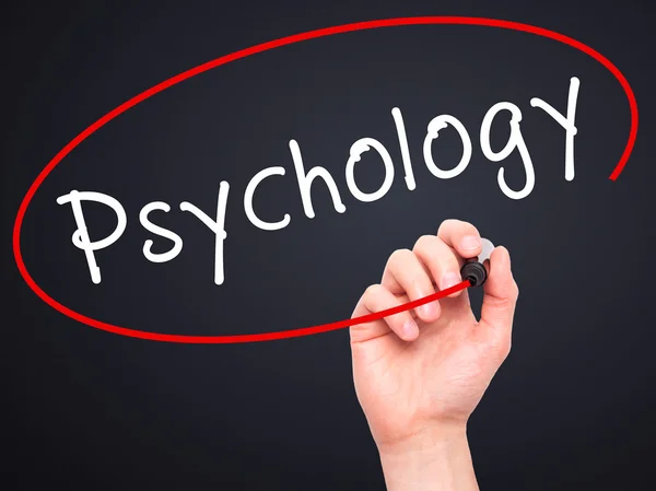 Man Hand writing Psychology with black marker on visual screen — Stock Photo, Image