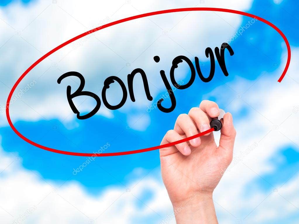 Man Hand Writing Bonjour Good Morning In French With Black Ma Stock Photo C J Dudzinski