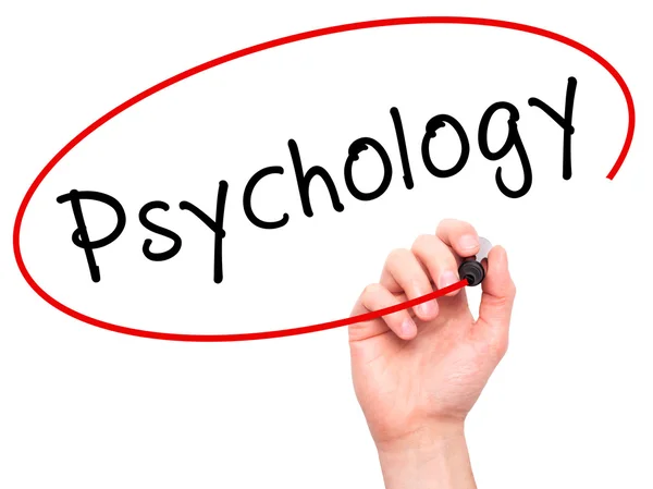 Man Hand writing Psychology with black marker on visual screen — Stock Photo, Image