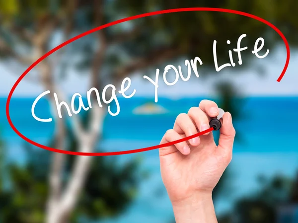 Man Hand writing Change your Life with black marker on visual sc — Stock Photo, Image